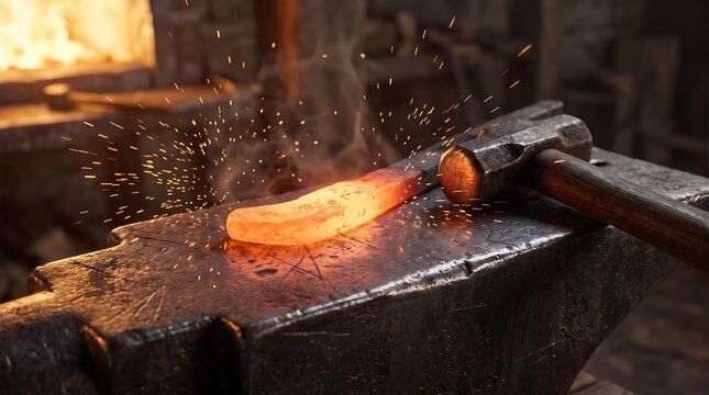 A glowing piece of forged steel is hammered on a dark metal anvil in a blacksmith s workshop blacksmithing forging