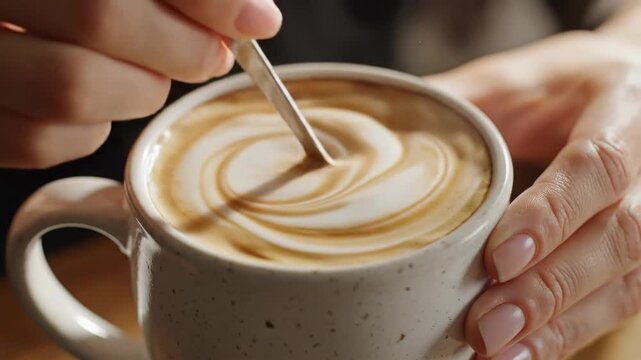 Close-up of hands stirring creamy latte art in a mug with intricate swirl patterns