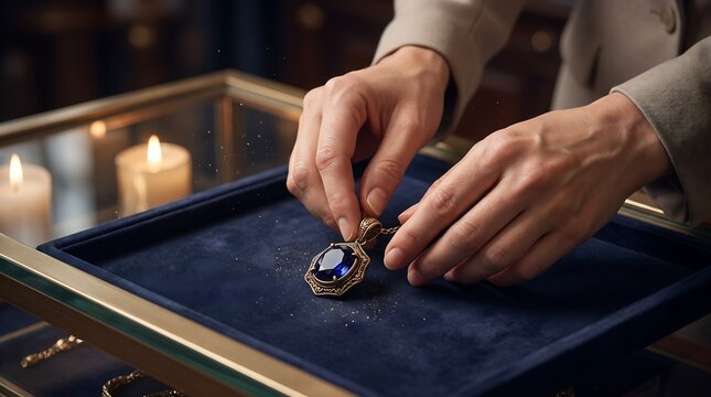 Hands delicately position a jeweled pendant within a dark blue velvet lined display case illuminated softly adornment amulet antique arrangement