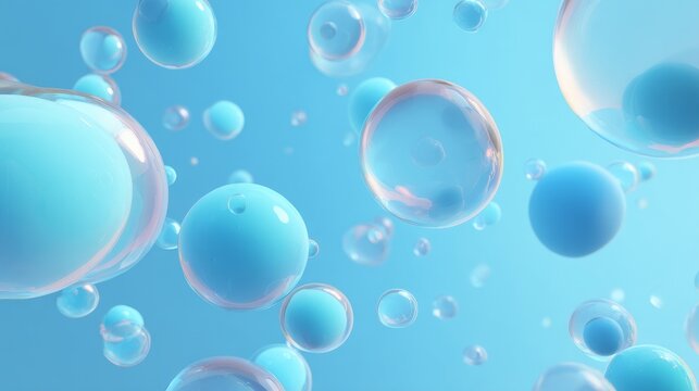 Cute sky blue bubble sphere background with glossy floating bubbles, soft pastel blue gradient, playful abstract design, smooth transparent spheres, minimal background for creative projects, modern pr