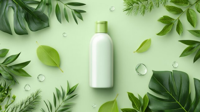 Eco friendly green product marketing background with lush greenery, fresh water elements, soft natural sunlight, green and white color palette, sustainable business, organic branding, environmental pr