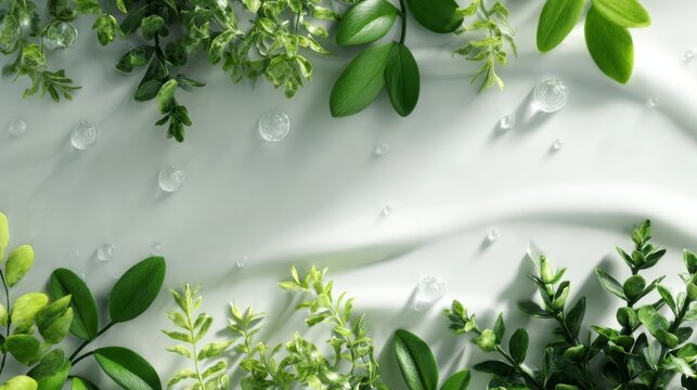 Eco friendly green product marketing background with lush greenery, fresh water elements, soft natural sunlight, green and white color palette, sustainable business, organic branding, environmental pr
