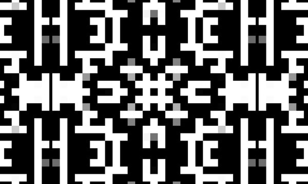 Seamless monochrome pixel art pattern featuring intricate symmetrical black and white pixelated grid motifs, isolated on a black background