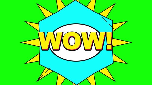 Dynamic retro comic style wow text animation over vibrant green background