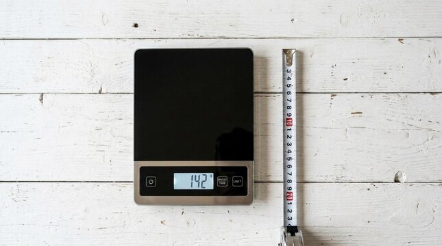 Digital kitchen scale and tape measure on a white wooden table precision measurement cooking baking DIY