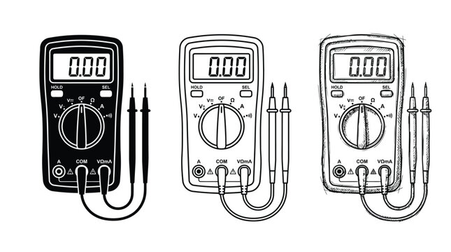Digital Multimeter Vector Icon Set featuring Silhouette, Line Art, and Hand-Drawn Sketch Styles for Electronic Troubleshooting and Repair