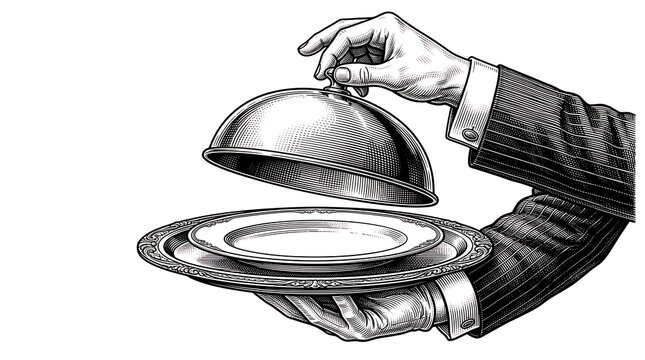 Waiter holding tray with silver cloche lid open engraving illustration vector design element