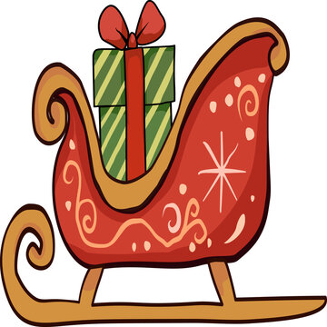 Cute red Christmas sleigh cartoon vector illustration with golden runners, a green striped gift box and a red ribbon bow, festive doodle sled isolated on transparent background for holiday and winter 