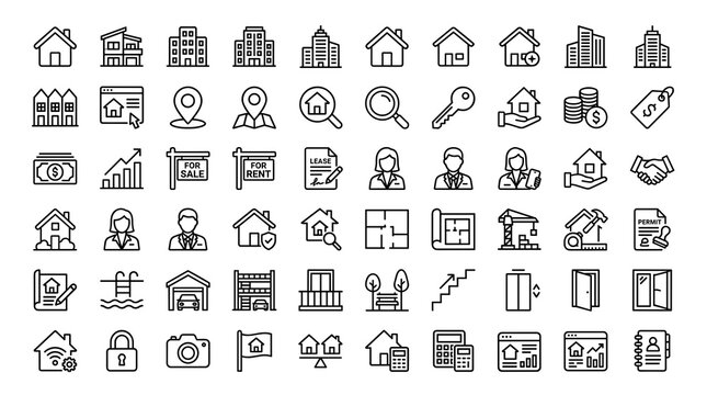 Minimal Real Estate Web Symbols Collection Featuring Property Search Homes Buildings Keys Mortgage Investment Architecture and Housing