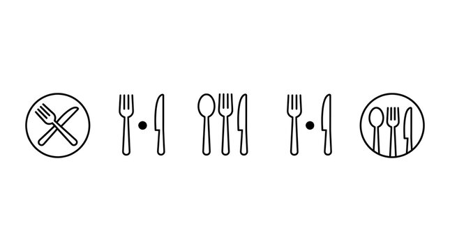 Cutlery icons vector set with fork knife and spoon symbols for restaurant and dining menu design