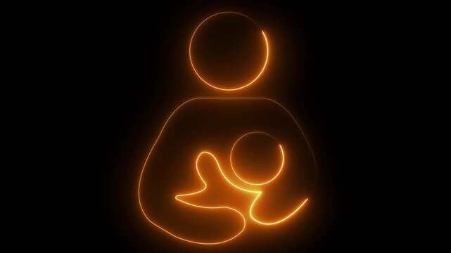 Glowing neon mother breastfeeding baby icon for maternity care, lactation support, newborn care, infant health
