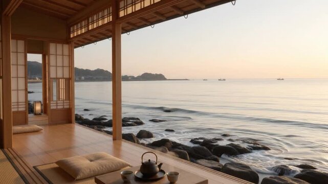 Traditional Japanese room with a peaceful ocean view at sunrise, featuring tatami mats, shoji screens, and a tea set on the engawa veranda, ideal for Zen, relaxation, and wellness concepts.