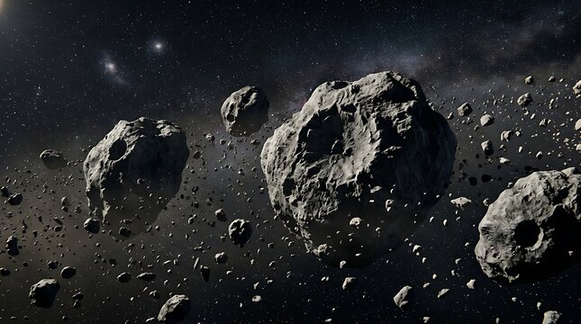 A detailed 3D rendering of the vast astroid belt filled with tumbling space rocks, meteors, and cosmic dust