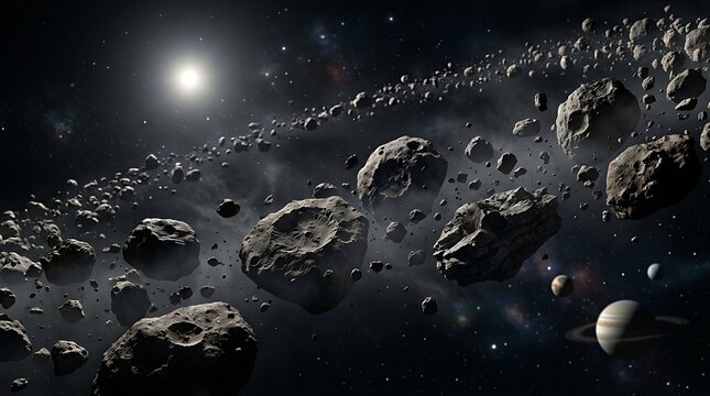 Stunning visualization of an astroid belt with orbiting space rocks and a distant sun in our solar system