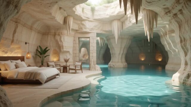 Luxurious and surreal bedroom interior design located inside a magnificent white limestone cave with hanging stalactites featuring a private turquoise swimming pool and natural cenote sunlight