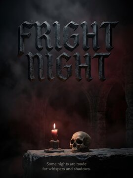 Fright night gothic halloween poster with human skull and burning candle on ancient stone altar in dark crypt