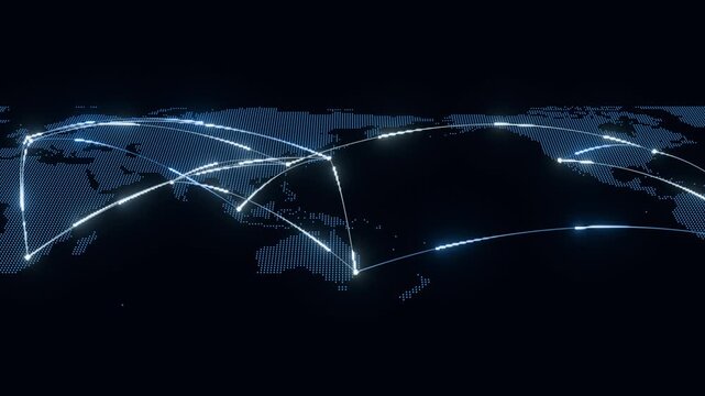Glowing lines connecting cities on a dotted world map global network