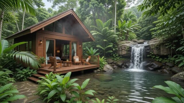 Lush tropical jungle retreat featuring a cozy wooden cabin with a private wooden deck, serene natural waterfall, and crystal clear pond, offering a peaceful and luxurious eco-tourism experience.