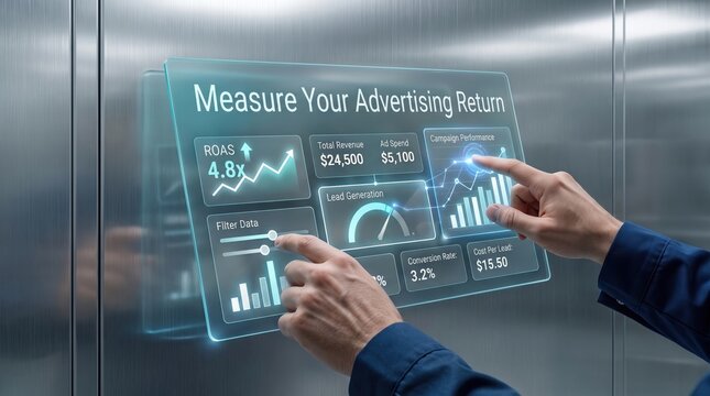 Digital dashboard displaying advertising analytics with ROAS growth during clear lighting for business growth