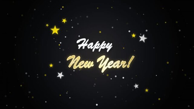 Happy New Year gold script typography and stars background loop