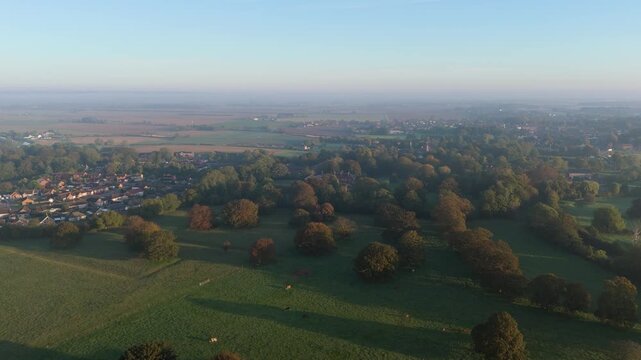 Aerial view of rural English countryside at dawn