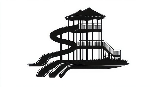 Amusement park illustration displaying a multi-level tower structure with parallel water slides in a clean black graphic design.