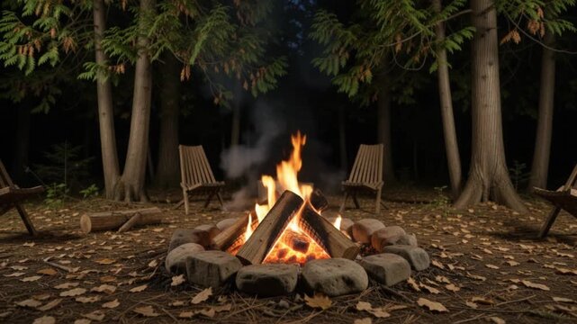 Cozy campfire burning brightly at night in a dark forest clearing with wooden chairs and tall trees in the background, creating a warm and peaceful atmosphere for camping and outdoor relaxation.