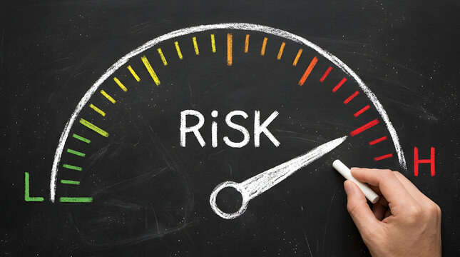 A human hand holding a piece of white chalk draws a semicircle risk gauge meter on a dark chalkboard, showing a multicolored scale from green low to red high with the word risk written inside