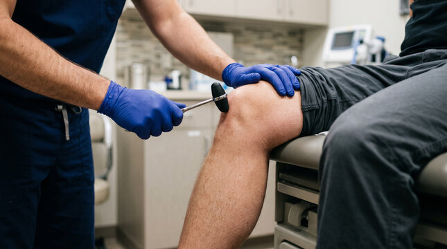 Physician testing patient patellar tendon reflex using neurological reflex hammer during diagnostic clinical examination.