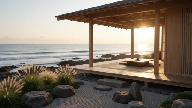 Traditional Japanese wooden pavilion and Zen rock garden overlooking the calm ocean at sunset, featuring raked sand patterns, peaceful sea waves, and a serene atmosphere for meditation.