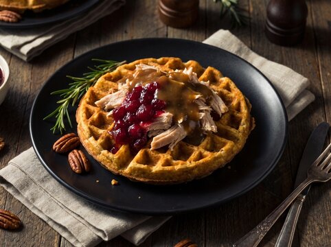 Savory Thanksgiving leftover stuffing waffle with cranberry and turkey
