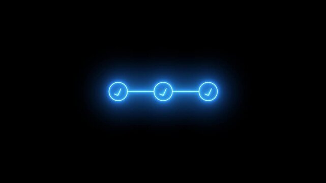 Electric Blue Neon Three Step Infographic Animation with Glowing Check Marks and Connected Circles on Dark Background for Business Workflow Success and Motion Graphics