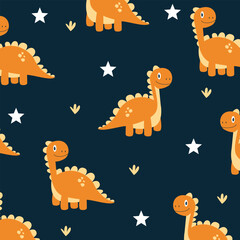 orange brontosaurus dinosaur cartoon vector seamless pattern kids apparel design © Rizki