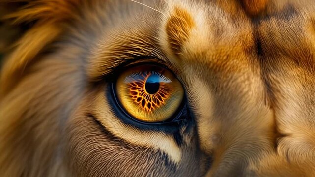 Extreme macro photorealistic footage of a majestic adult lion's eye, rich honey-gold iris
