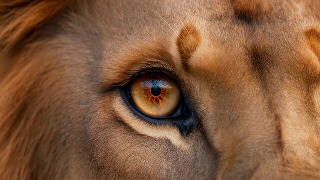 Extreme macro photorealistic footage of a majestic adult lion's eye, striking copper-amber iris
