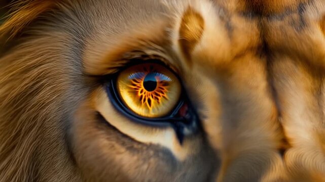 Extreme macro photorealistic footage of a majestic adult lion's eye, luminous golden-amber iris
