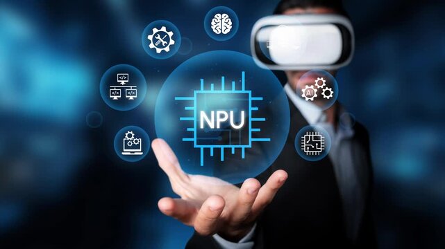 Man in Virtual Reality Headset Holding Digital Sphere with NPU Concept Surrounded by Graphic Icons Representing Technology and Innovation. Entropy.