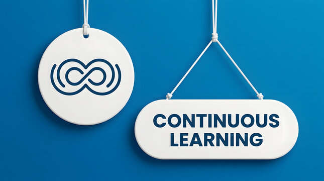3D rendered graphic of two white hanging tags against a solid blue background, featuring a round tag with a dark blue infinity loop symbol and a pill-shaped tag with continuous learning text