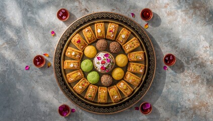 Obraz premium Diwali sweets assortment arranged on a rustic wooden platter with colorful Indian confections, nuts, sprinkles, flower petals, and glowing candles, creating a warm festive display.