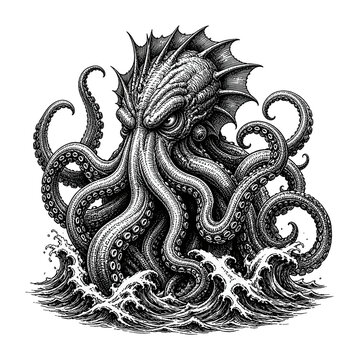 Menacing black and white kraken octopus illustration PNG transparent background