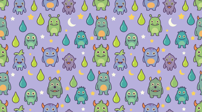 Cute kawaii monster seamless pattern with rain drops and stars