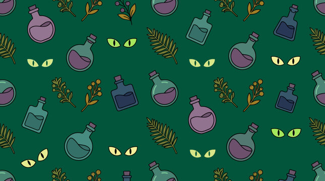 Halloween seamless pattern with spooky potions eyes and leaves