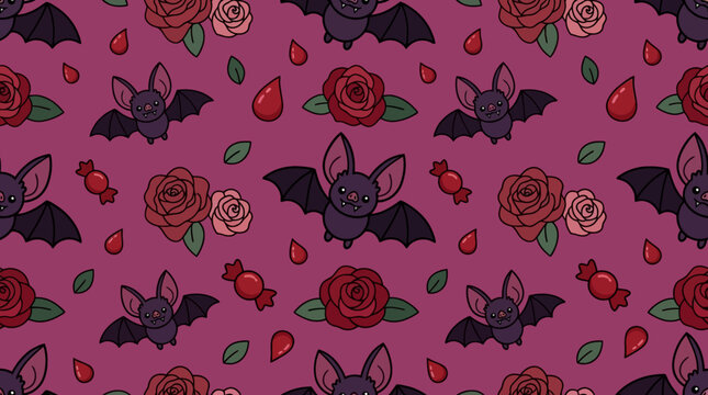 Cute cartoon vampire bat and rose seamless pattern Halloween seamleess