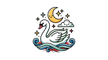 Obraz premium Cute Swan Moon Stars Cloud Whimsical Kawaii Illustration
