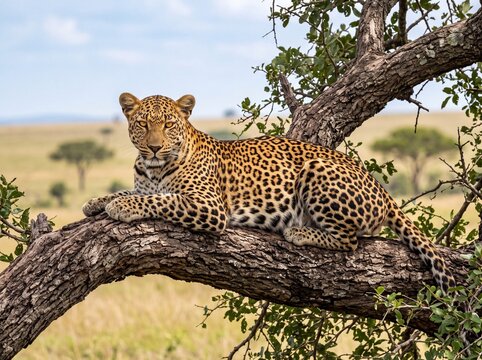Majestic African Leopard Resting on an Acacia Branch in Crisp Morning Sunlight