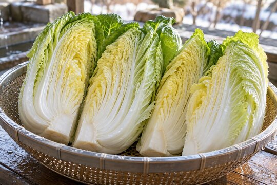 ざるに立てて水切りする四つ割りの白菜