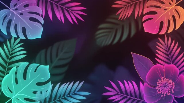 Tropical Neon Leaves Hibiscus Flower Pattern Dark Background Vector Illustration Tropical Nature Decoration