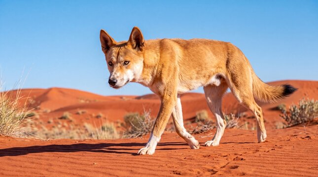 Australian Dingo Moving Through Red Desert Dunes in Crisp Modern Daylight