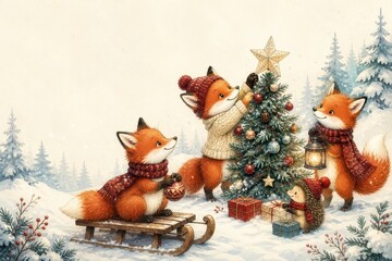Fototapeta premium Whimsical fox family decorating a snowy Christmas tree
