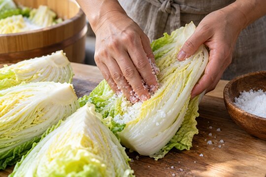 白菜の葉の間に塩をすり込む漬物づくり